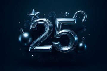 Dark metallic number 25 with Christmas ornaments and candy cane