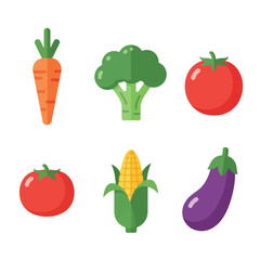A collection of six colorful, flat-design illustrations of common vegetables including a carrot, broccoli, two tomatoes, corn, and an eggplant.