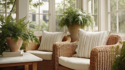 Fototapeta premium Cozy living room with a large window on the right side. the window is covered with white curtains and has multiple panes of glass, allowing natural light to enter the room.