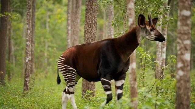 An okapi stands amidst a sun-dappled forest, its brown and white-striped legs contrasting the green undergrowth and thin trees