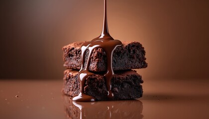 Chocolate brownie pieces stacked and covered with hot chocolate sauce on dark brown background. Brownie squares are stacked. Melted chocolate flows down. Dessert food photography for advertising.