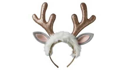 Sparkling rose gold reindeer antlers and fluffy white ears headband for festive christmas and holiday celebrations isolated on transparent background