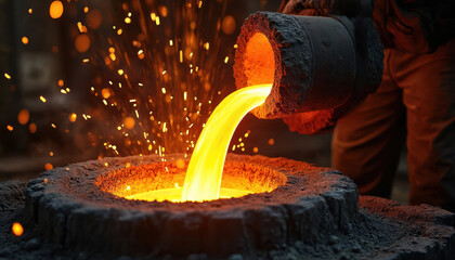 Molten metal stream pours into mold creating hot sparks. Worker in foundry pours liquid iron for casting. Industrial steelmaking process with glowing fluid.