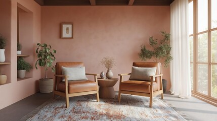 Fototapeta premium Modern living room with a large window on the right side. the walls are painted in a soft peach color and there are several potted plants on the left side of the room.