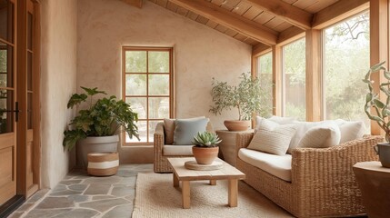 Fototapeta premium Cozy living room with a wooden ceiling and large windows. the walls are painted in a light beige color and the floor is made of stone tiles.