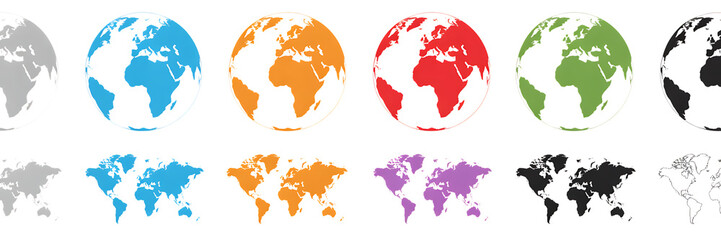 Diverse glowing earth globes and world maps in various vibrant colors and styles isolated on transparent background