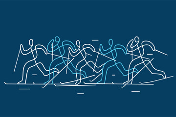 Cross-country skiing, competition. 
llustration of five nordic skiing competitors on blue background. Continuous line drawing design. Vector available.