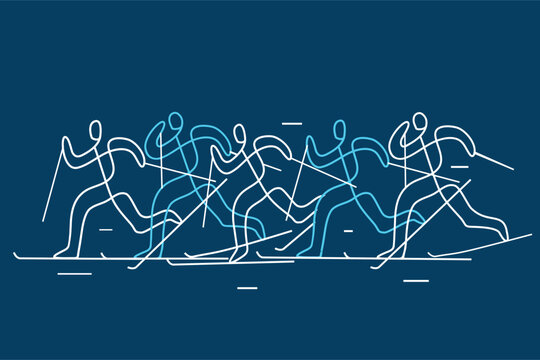 Cross-country skiing, competition. 
llustration of five nordic skiing competitors on blue background. Continuous line drawing design. Vector available.