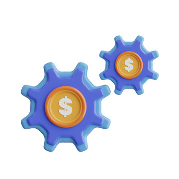 Two Blue Gears Interlocking With Gold Coins Featuring Dollar Signs Symbolizing Efficient Money Management and Financial Systems on a Transparent Background