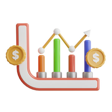 3D Financial Growth Line Graph With Dollar Coins and Upward Trend Arrow Illustrating Business Success And Investment Returns On Transparent Background