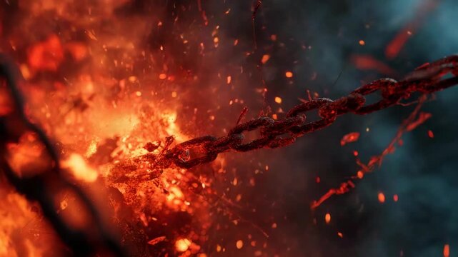 A close-up of a rusty metal chain snapping amid a fiery explosion with glowing embers on a dark background, symbolizing strength and destruction