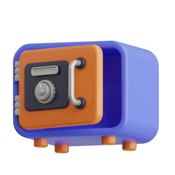 3D Open Blue and Orange Safe Box with Silver Handle and Combination Lock on Transparent Background