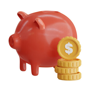 A Shiny Red Piggy Bank Sits Beside a Stack of Golden Coins with a Dollar Sign on a Transparent Background symbolizing Financial Savings and Investment