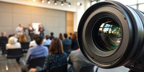 Professional photography capturing a dynamic business meeting with engaged audience impactful presentation teamwork and modern conference technology