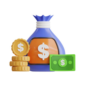 Blue And Orange Money Bag With Stacked Gold Coins And Green Dollar Bill On Transparent Background