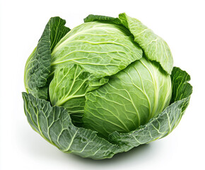 Fototapeta premium Fresh green cabbage with vibrant leaves, isolated on white background, a nutritious vegetable for healthy eating and culinary creations