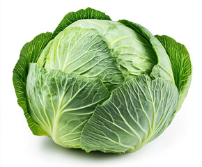 Fototapeta premium Fresh green cabbage with vibrant leaves, isolated on white background, a nutritious vegetable for healthy eating and culinary creations