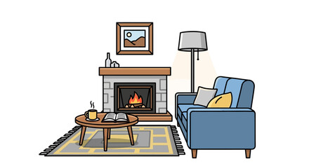 Cozy Living Room Illustration with Fireplace, Sofa, Rug, Lamp, and Coffee Table