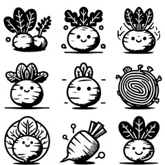 Fototapeta premium Collection of nine stylized black and white beet illustrations with varying designs and expressions