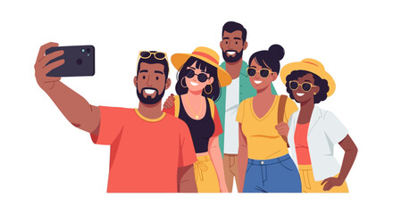 Diverse group of friends capturing a joyous moment with a selfie during a vacation adventure