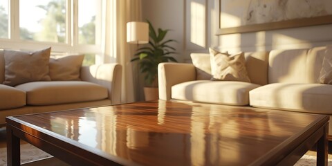 Sunlit Living Room with Glossy Wood Table and Beige Sofas