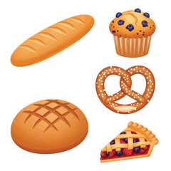 A collection of freshly baked goods including a baguette, muffin, pretzel, round loaf, and a slice of pie.
