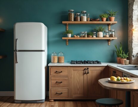 Cozy modern kitchen with wood cabinets and vintage fridge. Teal walls and open shelves holding jars and plants create a warm, inviting atmosphere for home cooking and dining.