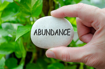 Hand holding a white stone with ABUNDANCE text engraved on it, representing life purpose of...