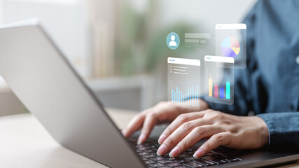 screen, share, prompt, Hands typing on a laptop with floating app windows symbolize screen sharing, online presentation, and permission access in digital meetings and collaborative virtual workspaces.