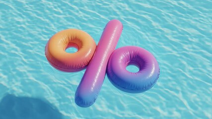 Percentage Symbol Made of Inflatable Donuts Floating on Light Blue Pool Water with Sunlight Reflection for Business Promotion Concepts and Summer Seasonal Promotion
