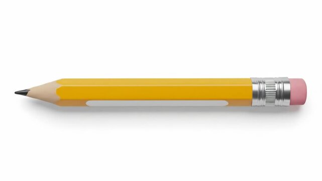 A standard, sharpened pencil with a yellow body, an eraser end, and a graphite tip, lies on a white surface