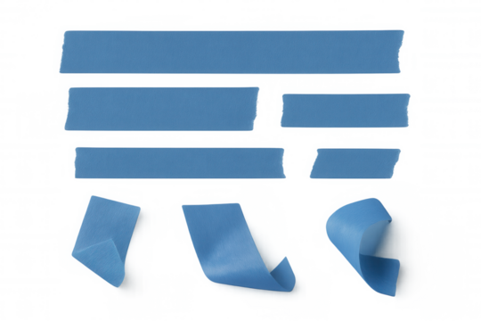 Blue masking tape strips and pieces on transparent background, adding texture and border elements