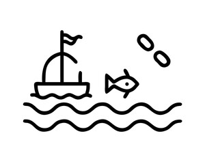 Illustration of a boat on the water with a fish and satellite