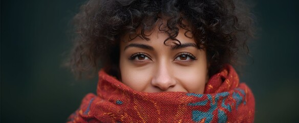 The face with a half-hidden smile is a secret blossom behind a warm scarf.