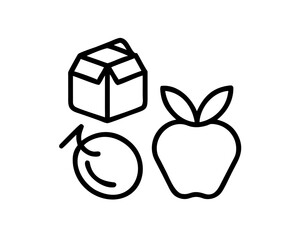 Illustration of a box, apple, and plum