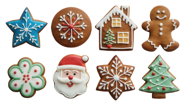 Collection of festive and decorative christmas gingerbread cookies in various shapes including stars gingerbread man santa claus and christmas tree isolated on transparent background