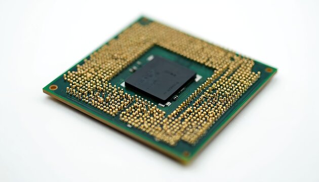 Square computer central processing unit detailed macro view. Gold pins surround black silicon chip on green circuit board. Isolated tech hardware component for computing.