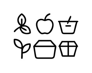 Line art illustration featuring food containers, apple and leaves