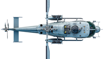 Military helicopter isolated with detailed rotor blades, camouflage paint, and tactical aviation equipment on white background