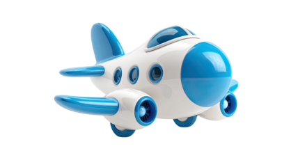 Blue plastic toy airplane with detailed wings, miniature aircraft model for kids and aviation enthusiasts isolated on white background