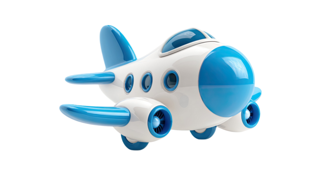 Blue plastic toy airplane with detailed wings, miniature aircraft model for kids and aviation enthusiasts isolated on white background