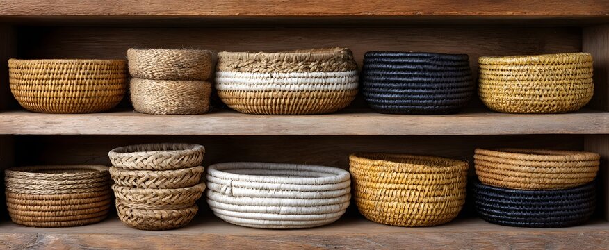 Rustic woven baskets nestle like cozy birds on natural wood shelves for display