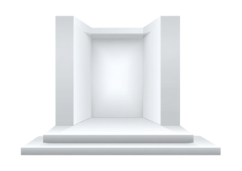 White, minimalist, multi-tiered platform.  Empty display space