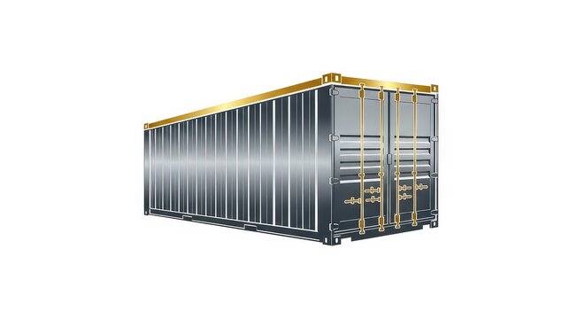 A detailed, isolated view of a modern grey shipping container with a golden roof on a white background. - Powered by Adobe