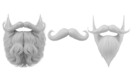 Two distinct styles of white fake beards and a curled mustache isolated on transparent background for costume or holiday fun