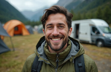 Happy bearded man smiles at camera wearing warm jacket, backpack. In campsite. Tents, camper van visible behind. Mountains rise in background. Guy enjoys nature, travel, freedom, outdoor adventure,