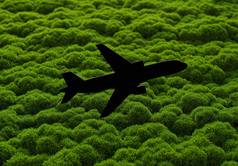 Black Airplane Silhouette Flying Over Textured Green Moss Landscape