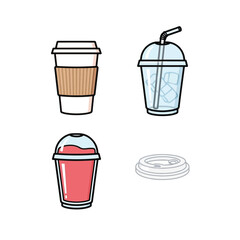 A collection of four different types of takeaway beverage cups, including a coffee cup, a smoothie cup, and a cup with ice and a straw.