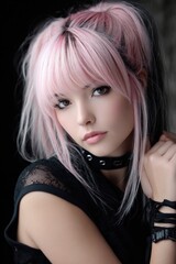 Fototapeta premium A woman with black hair and a black shirt is wearing a black necklace