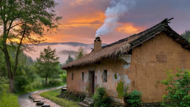 there is a small house with a thatched roof and a dirt road